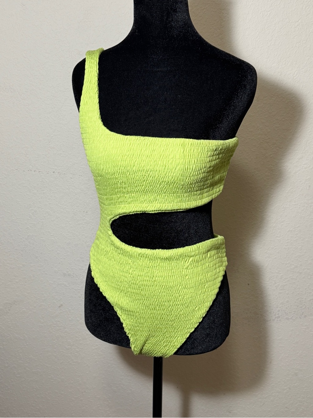 Naked Wardrobe Asymmetrical Cutout One Piece Swimsuit Smocked Chartreuse XL